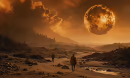 some people walking up a hill at sunset