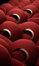 a room full of red couches with gold rings on the seat
