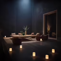 lit candles surrounding an art work in a black room