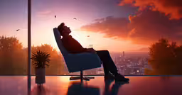 the person is sitting on the chair watching the sunset,a person is sitting in a chair and looking at the sunset