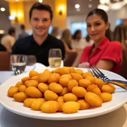 a white plate with some tater tots on it next to a fork and glass of water