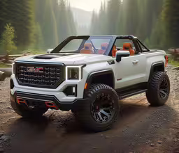 a truck is driving on a dirt trail,the truck on the road is parked near some trees