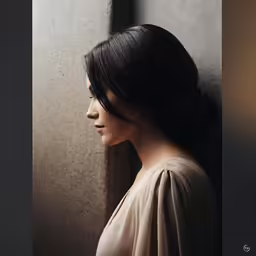a woman leaning against a wall with her head behind an object