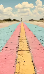 some yellow and red lines painted on a blue sky