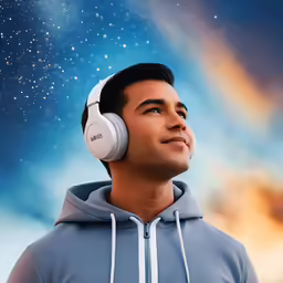 there is a man wearing headphones in front of a painting