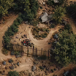an aerial view of a dirt road through the woods