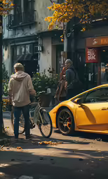 a man stands next to his bike with an exotic looking yellow sports car in the background