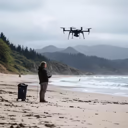 a person standing on a beach with a remote control plane overhead