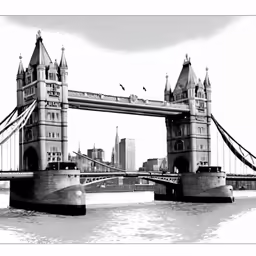 a city with a bridge and birds flying over it