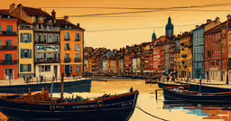 a painting shows the boats parked in front of the buildings,two boats tied to a rope in the water next to several buildings