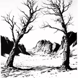 a tree in front of some mountains with no leaves