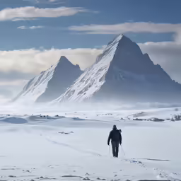 the man is walking through the snowy field near the mountain