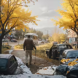 a man is walking down the road with a cane