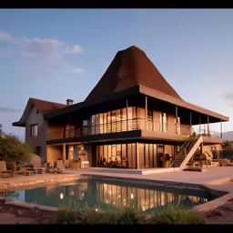 a house with a swimming pool in front of it