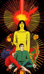 a painting of a woman standing near some other people