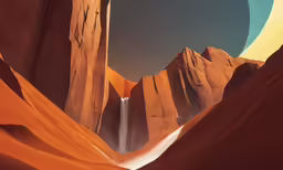 an alien land with a waterfall surrounded by tall rocks