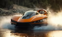 an orange sports car with smoke coming out of the hood