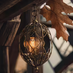 a brass lantern hanging from a wooden structure, with autumn leaves