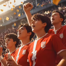several people in orange shirts with their arms up