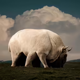 a large bull in a field near a cloud filled sky