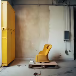 a yellow chair sitting in a room with a bunch of boxes