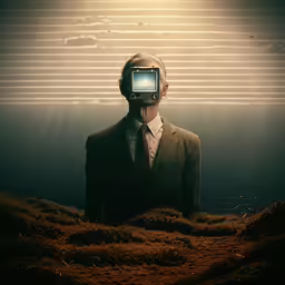 a man in a suit with a computer on his head