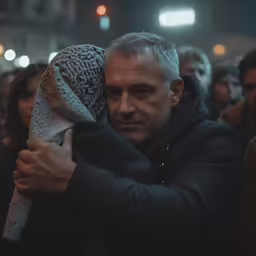an older man holding up a scarf in front of him