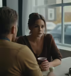 woman sitting at a table with a cup in her hand
