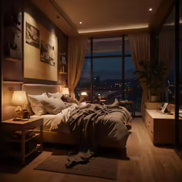 a bedroom with lights and a big window