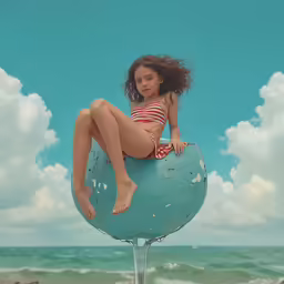 there is a small girl wearing red and white bathing suit