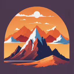 a mountain landscape with a sunset in the background,a picture of mountains in orange, blue and white