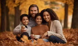 a man and two women posing for a picture with a boy and girl in a park