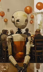 the humanoid is waiting patiently for his turn to drink