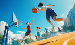 young adults playing basketball in the city