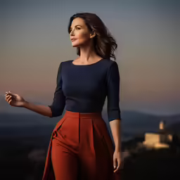 the woman in a blue shirt and red pants stands looking into the distance