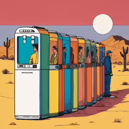 a group of people looking out of a row of colored stalls in the desert,many people are lined up with a row of colorful machines