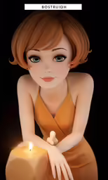 a cartoon girl wearing an orange dress sitting with her hands on a candle