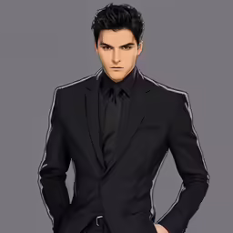 a man in a suit is standing with his hands on his hip