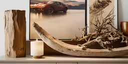 art work and sculptures on a mantle,a painting, a candle and driftwood art on the counter top