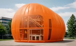 an orange dome with a clock inside in front of it