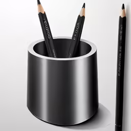 a cup with three pencils in it sitting on a shelf