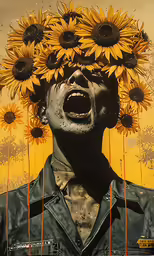 a man is shouting with sunflowers on his head