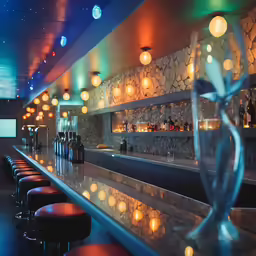 a dimly lit bar with colorful lighting on the wall