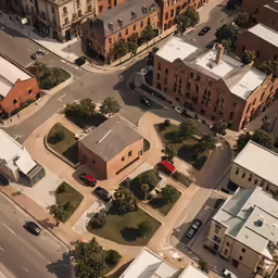 the aerial view shows buildings, a small road and two red trucks