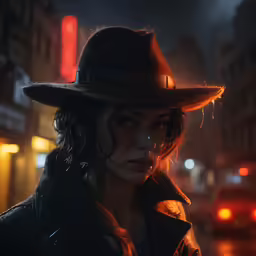 a person with a hat on in a street at night
