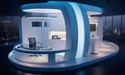 there is a desk in this room with large windows