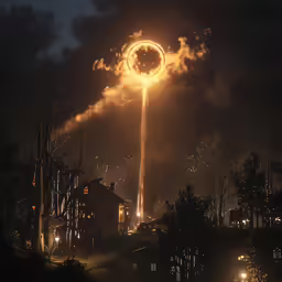 the giant round tower is in the air over a town
