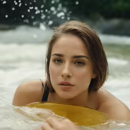 a woman is holding a surfboard in water