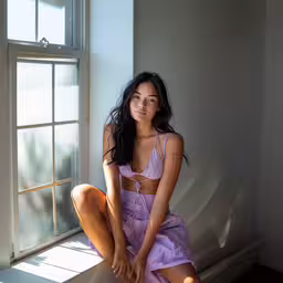 woman sitting in front of window with no shoes on,a woman in a purple dress posing next to a window