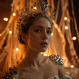 a woman wearing a tiara and veil with a string of lights in the background